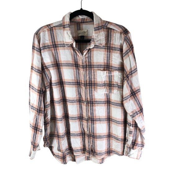 Universal Thread Womens Flannel Plaid Button-Up Shirt Cotton Beige/Black/White L - Picture 1 of 4